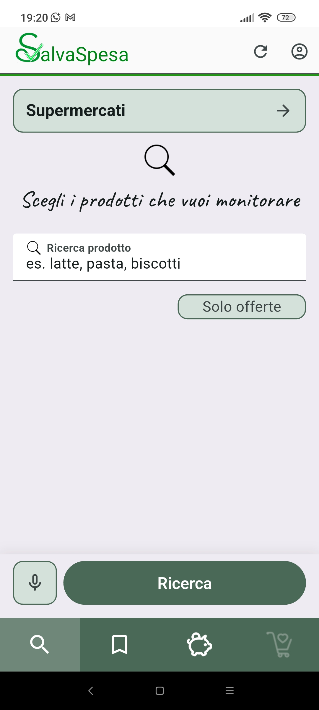 Schermata SalvaSpesa: ricerca prodotti da monitorare