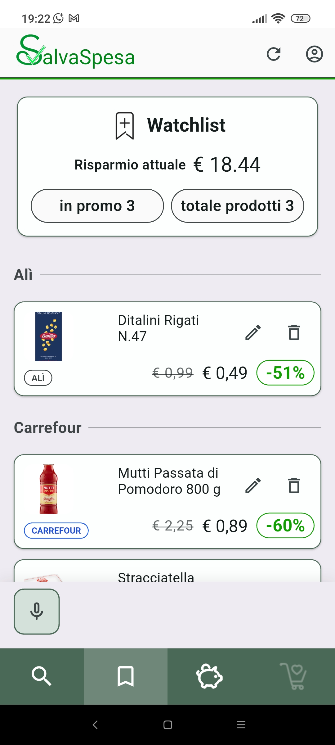Schermata SalvaSpesa: watchlist con risparmio e prodotti in promo