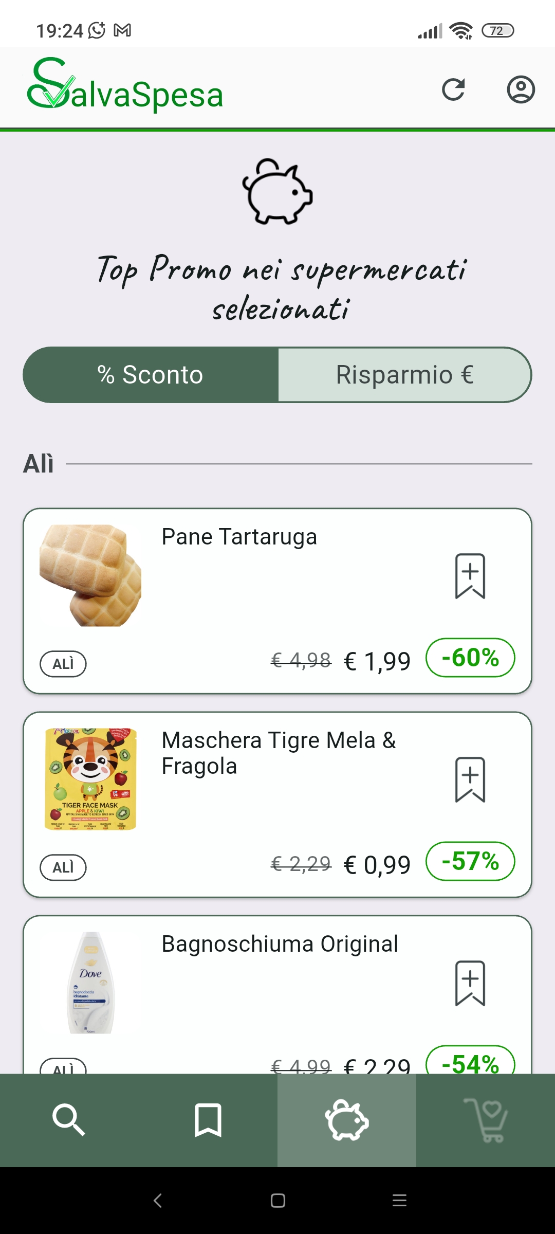 Schermata SalvaSpesa: top promo per sconto o risparmio